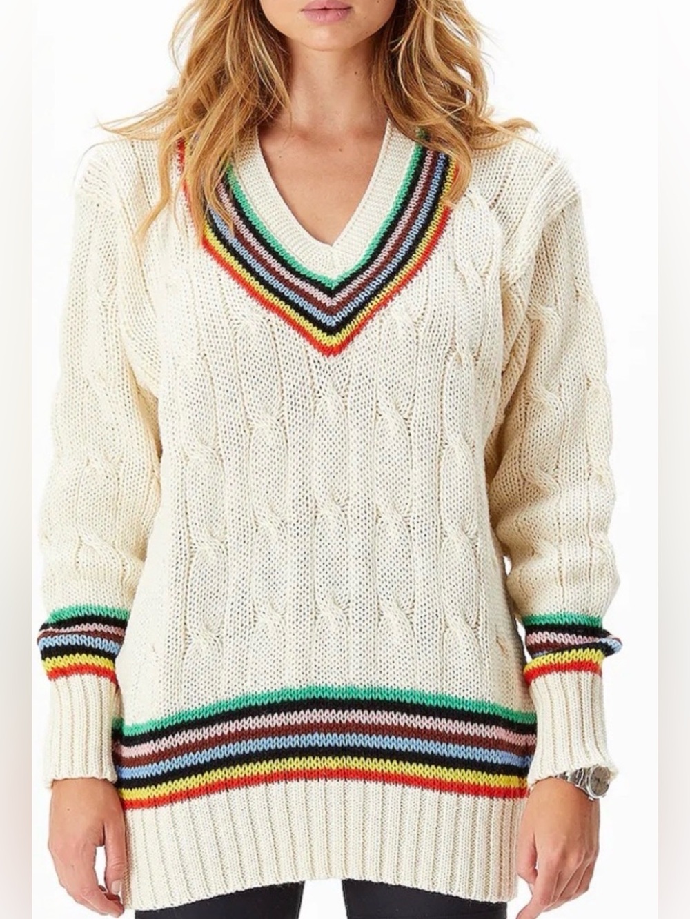 Rowing Blazers Target Cream Cable V-Neck Sweater XS Oversized like a M/L EUC
